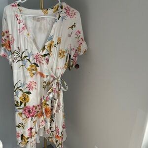 LOFT White Floral Wrap Dress with Pink and Yellow Blooms